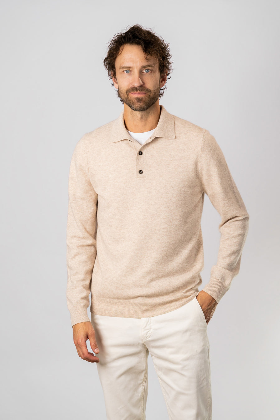 Stickad Långärmad Polo - Beige