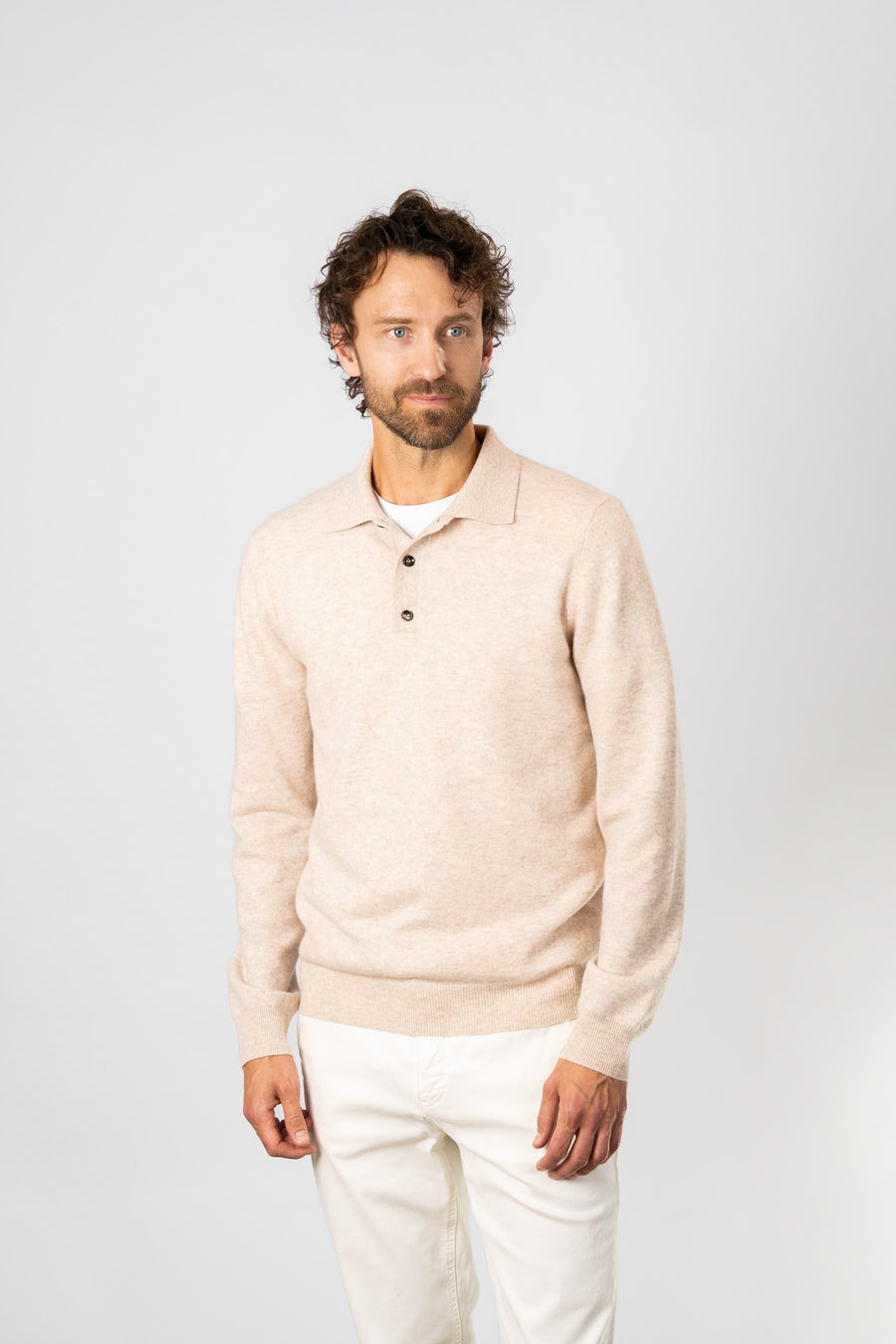 Stickad Långärmad Polo - Beige